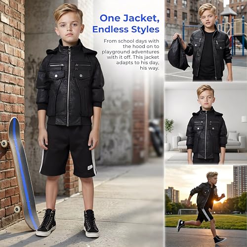 Image of Kids Faux Leather Biker Jacket with Detachable Hood - Moto Coat for School, Zipper Closure, for Boys & Girls 4-12Y