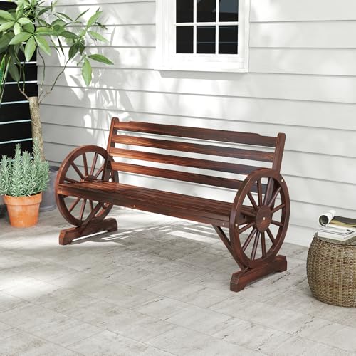 Image of kinbor 55 inch Wooden Rustic Wagon Wheel Bench, Outdoor Bench Seat, Backrest