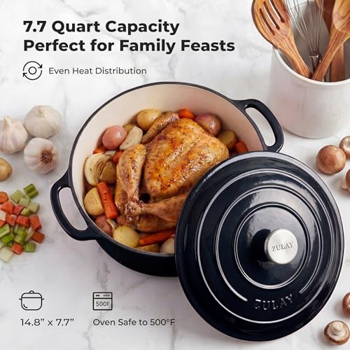 Image of Zulay Kitchen 7.7 Quart Enameled Cast Iron Dutch Oven Pot with Lid - Premium Durability & Oven Safe up to 500F - Heavy Duty Cookware Perfect for Bread Baking, Stews, Braising & Roasting - Black