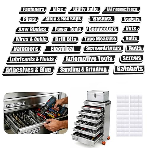 Magnetic Toolbox Labels, 26 PCS Tool Box Sticker Labels with Strong Magnet & 60×3M Adhesive Pads, 3D Labels for Steel & Wooden Toolboxes, Garage Organization(Black