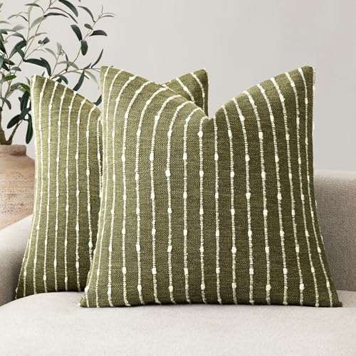 Image of Foindtower Pack of 2 Decorative Jacquard Boucle Throw Pillow Covers Accent Textured Striped Pillowcases Cozy Modern Cushion for Couch Sofa Bedroom Living Room Home Decor 18x18 Inch Olive Green