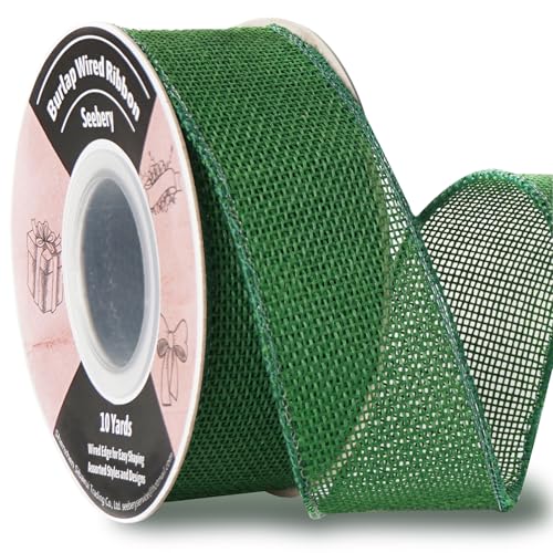 Burlap Wired Ribbon 1-1/2 Inch x 10 Yards Solid Wired Edge Ribbon for Big Bows, Wreaths, Outdoor Decoration, Gift Wrapping, Fall Crafts, Flower Bouquets, Garland (Green)