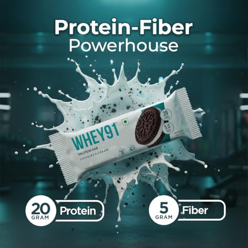 Image of Whey91 Cookies & Cream Protein Bar, 20g Protein & 5g Fiber in each, No Added Preservatives, No Artificial Flavour, 390g- (Pack of 6)
