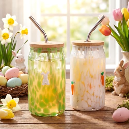 Honeydak Easter Icon Juice Glass Tumbler - 18 oz Bunny Icon Drinking Glasses with Lid and Straws Coffee Beer Soda Juice Can Shaped Cups for Easter Holiday Party Supplies Gifts