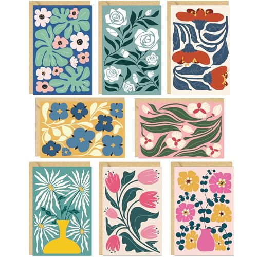Qiavor 24 Pack Floral Blank Cards with Envelopes, 8 Abstract Flower Designs Greeting Cards for Wedding, Baby Shower, Business and All Occasions, 4x6 in