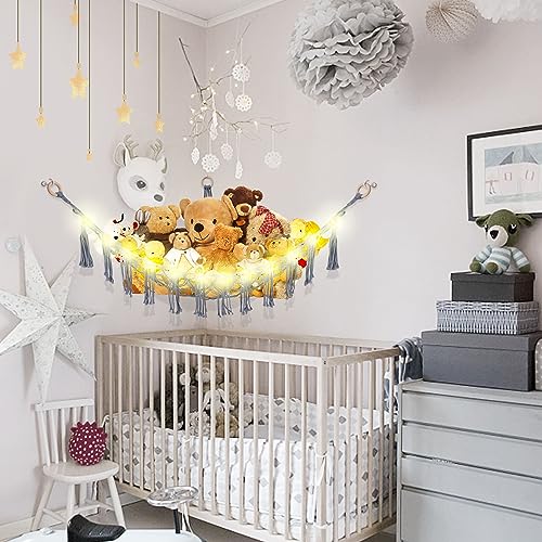 Image of CERETIA Stuffed Animal Hammock with LED Light, Large Stuffed Animals Storage Corner Plushie Net for Kids Room Decor, Grey