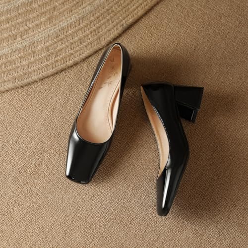MIOKE Women's Chunky Mid Block Heel Pumps Square Toe Patent Leather Slip-On Comfort Dress Work Office Shoes2