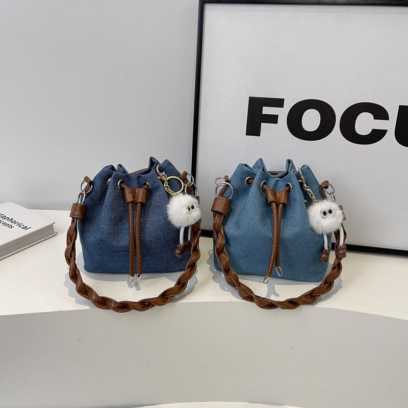 FUNSEED Crossbody Bag for Women, Casual Denim Drawstring Tote Shoulder Bucket Bag with Charms4