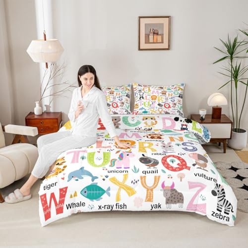Image of Feelyou ABC Alphabet Comforter Queen Size for Boys Girls, Cartoon Animal Comforter Set Cute Educational Learning Tool Bedding Set Learning Educational Duvet Set Microfiber Bed Set
