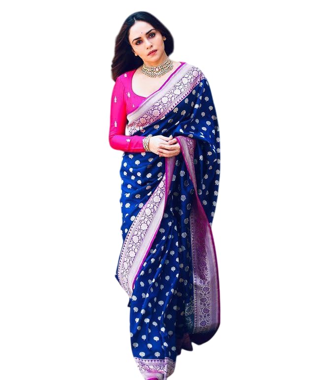 Women Blue Banarasi Soft Silk Saree with Luxurious Zari Weaving, Wedding & Bridal Wear Traditional Saree with Blouse Piece (5.5m Saree + 0.8m Blouse)-picture-36
