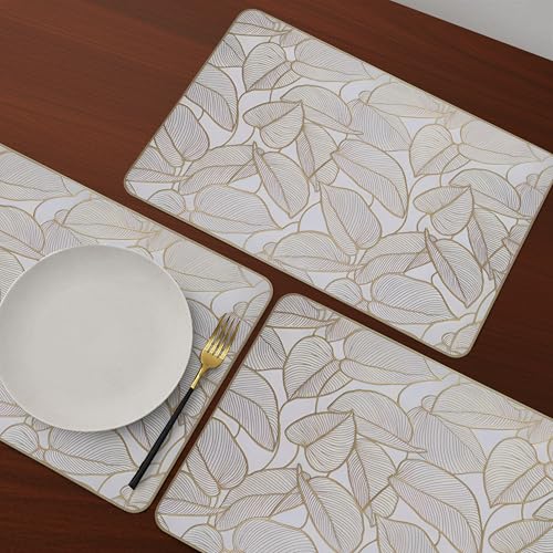 Image of Yellow Weaves 1 Pc PVC Table Placemats, Dining Table Mat, Stain Resistant, Anti-Skid, Waterproof, Washable, Dining, Kitchen, Restaurant Table Set Easy to Clean, Durable (Leaf Golden)