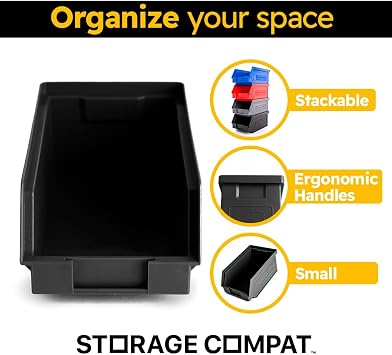 12 Pack Small Storage Bin, Wall Mount Storage, Hanging and Stacking Bin, Freestanding | 7” x 4” x 3” Plastic Container | Black | Zeus 1PLZ06 | StorageCompat