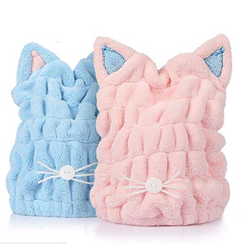 Microfiber Bath Towel Kids Hair Towel Hat Hair Quick Drying Towel Hat Cute Bath Tool Super Soft Absorbent Hair Dry Hat With Premium Water-Absorbent Ability For Ladies Or Girls 2Packs(Blue And Pink)