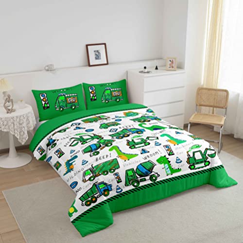 Loussiesd Kids Construction Duvet Insert/Quilt Boys Cute Cartoon Dinosaur Comforter For Toddler Ultra Soft Equipment Trucks Car Bedding Set Machinery Truck Dino Down Comforter Double Size Duvet Set - Image 3
