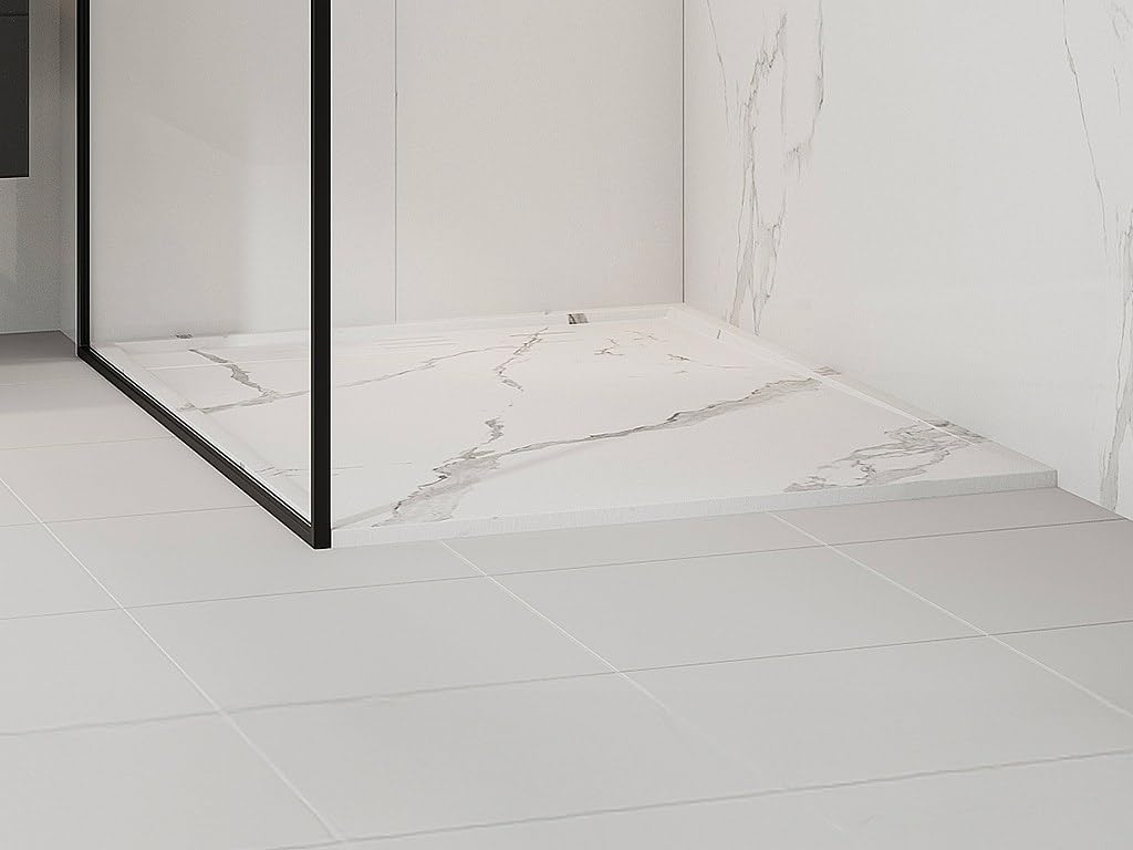 Vente-unique - Receveur de douche extra plat à poser ou à encastrer recoupable en résine SMC - Blanc marbré - 120 x 90 cm - LYROSA
