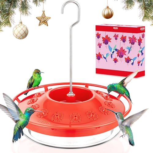 iBorn Hummingbird Feeders for Outdoors Hanging,Bee Proof Hummingbird Feeder with 14 Feeding Ports,13 OZ Saucer Humming Bird Feeders with Ant Moat,Ant Proof No Leak,Easy to Clean and Refill,Red,1 Pack