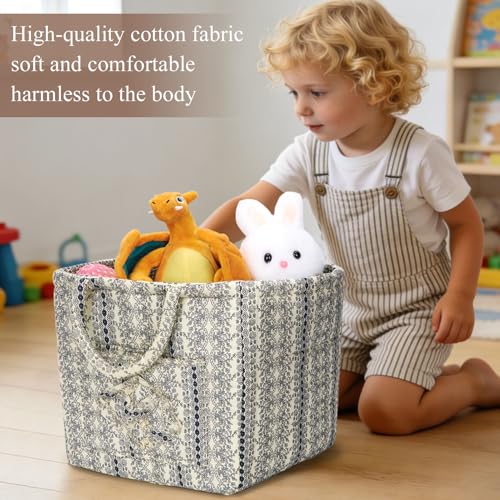Image of Quilted Fabric Basket Foldable Car Storage Boho Floral Laundry Basket Hamper for Nursery Bedroom & Living Room | Organize Clothes Toys