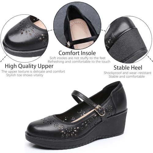Women's Genuine Leather Mary Janes Wedge Heels Walking Shoes With Adjust Buckle Strap Fashion Breathable Hollow Out Closed Round Toe Platform Sandals Pumps for Party Work Dress Shoes3