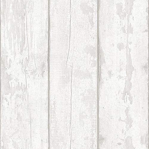 White Washed Wood Panel Effect Wallpaper Worn Distressed Grey White Y�L