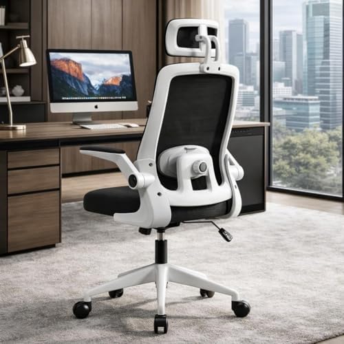Cadeira de Escritório Ergonômica, Suporte 120kg, Ajuste Lombar, Apoio de Cabeça, Tela Mesh Premium, Giratória, Home Office (Branca e Preta)