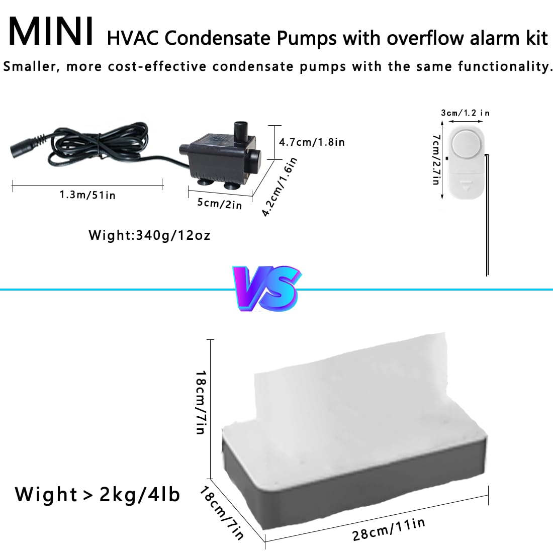 MSELTOS Mini Submersible Pump With Water Level Sensor, 5ft Lift, 55GPH Removable Small Condensate Pump For HVAC, AC Unit, Ice Maker, 110/230V, Automatic Drain Pump, Condensation Pump
