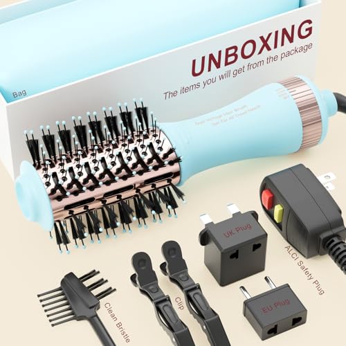 Image of Travel Dual Voltage Hair Dryer Brush 4-in-1 Portable Mini Hot Air Blow Dryer Straightener & Curler Brush, Titanium Round Blowout Styler Volumizer Tools, 110 /240V US /EU /UK -Baby Blue & Rose Gold