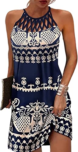 Size XL Bohemia Blue Summer Dresses for Women 2026 Casual Floral Hollow Out Halter Neck A-line Sundresses for Beach Vacation