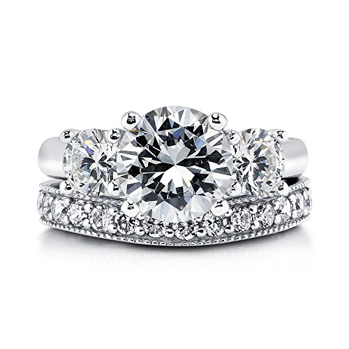 BERRICLE Sterling Silver 3-Stone Wedding Engagement Rings 2.4 Carat Round Cut Cubic Zirconia CZ Ring Set for Women, Rhodium Plated2