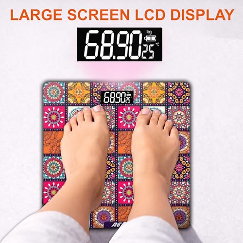 Image of ANT Flora New Retro Digital Weighing Scale for Body Weight (Up to 180 kg), High Precision Sensors, Tempered Glass, LCD Display, Auto On /Off, Anti-Skid, Personal Fitness Scale with Battery Included