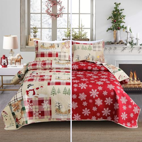 Smuge Christmas Bedspread Quilt Sets Queen Size - Nordic Cabin Lodge Wildlife Reindeers Snowflake Snowman Plaid New Year Winter Holiday Coverlet Bed Set Xmas Bedding Sets Throw Blanket Bedroom Decor