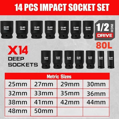 Image of TONYNOL 1 /2 Inch Drive Deep Impact Socket Set,6-Point, Metric Sizes(25-50mm),14 PCS,Cr-Mo Steel,Heavy Duty Impact Sockets for Automotive & Industrial Machinery,With a Storage Case