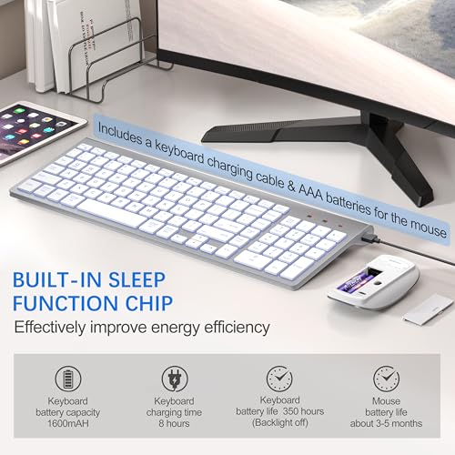 Image of Wireless Backlit Keyboard and Mouse Ultra Slim Combo, TopMate 2.4G Silent Compact 2400DPI Mouse and Scissor Switch Keyboard Set, Batteries Included, for PC /Laptop /Windows /Mac /Gaming - BL Silver White