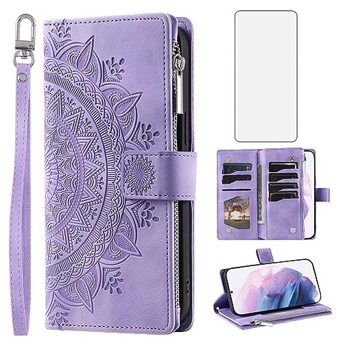 Étui portefeuille Asuwish avec fermeture éclair et verre trempé pour Samsung S22 Plus 5G