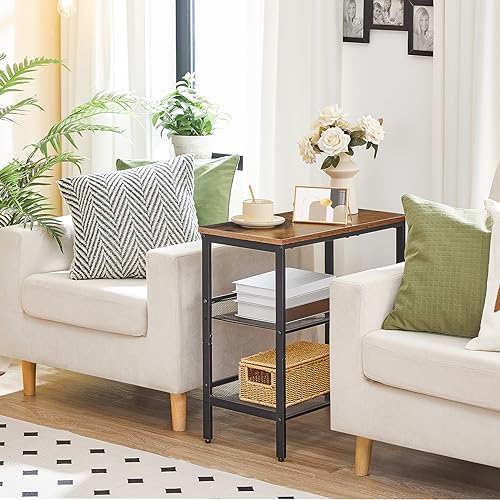 Narrow 3-Tier End Table for Small Spaces, Rustic Brown and Black - Perfect for Bedroom, Living Room, and Hallway