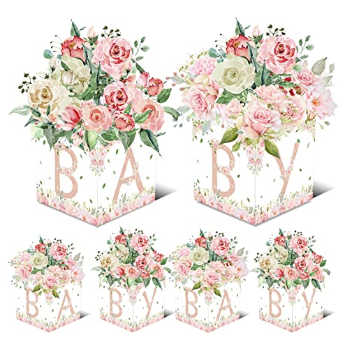 6 Pcs Baby Shower Centerpiece For Girls Pink Floral Box Table Display With Letters Arrangement Favor Block Holder For Baby Shower Gender Reveal Birthday Party #TOP22