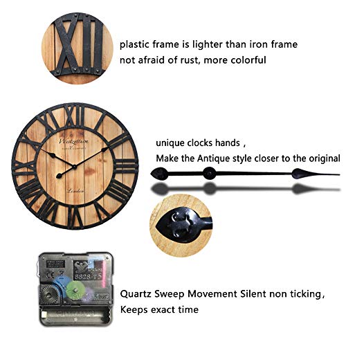 Westzytturm 24 Inch Farmhouse Wooden Clock Large Rustic Wood Wall Clock With Roman Numerals Antique Vintage Wall Clocks For Living Room Decor,Dining Room,Kitchen,Office,Mantel (Orange) #TOP2