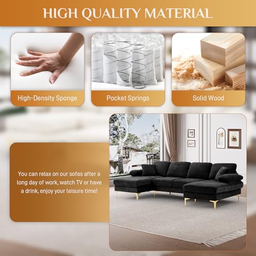 Image of OUYESSIR 112 inch Cloud Sectional Sofa with Extra Deep Seat,U Shaped Sectional Couches for Living Room,4 Seater Chenille Sofas & Couches,Modern Apartment Couch with Double Chaise Lounge, Black