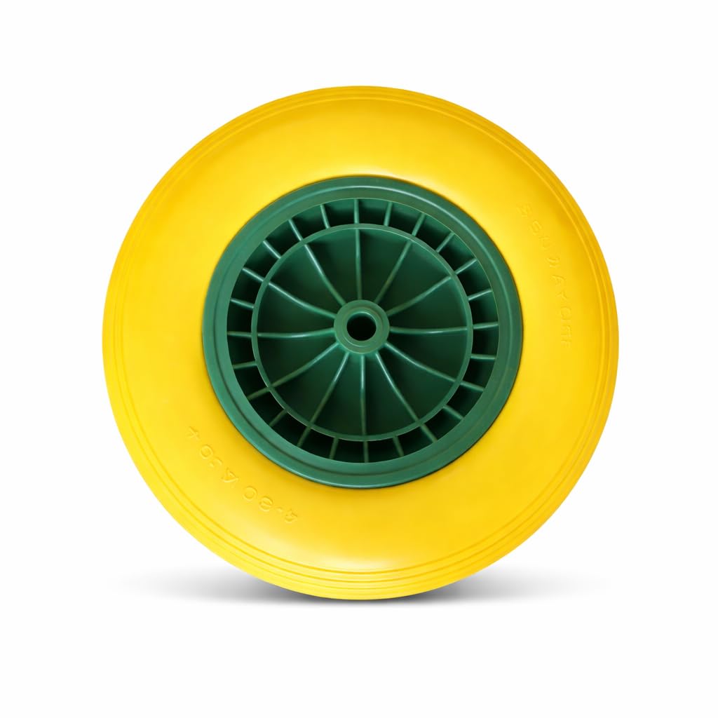 Wilcox Equimed Yellow Bertie Barrow Puncture Proof Wheelbarrow Wheel 4.80/4.00-8 – Solid Pu Tyre Replacement With 20Mm Axle, Heavy Duty Garden & Builders Barrow Wheel (Yellow/Green) 1 Or 2 Pack