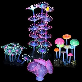 Filhome Glowing Fish Tank Decorations Plants, 4 pcs Glow Aquarium Coral Ornament Decorations Glowing Mushroom Coral Plant Lotus Kelp and Anemone