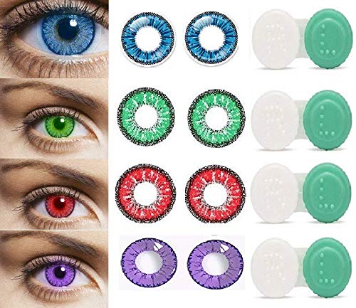 Optify Monthly Color Contact Lenses With Case (Zero Power, Blue-Green-Red-Violet,Pack of 4)