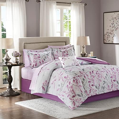 Madison Park Essentials Cozy Bed In A Bag Comforter with Complete Cotton Sheet Set - Trendy Floral Design All Season Cover, Decorative Pillow, Queen(90"x90"), Leaf Purple 9 Piece