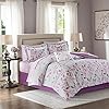Madison Park Essentials Cozy Bed In A Bag Comforter with Complete Cotton Sheet Set - Trendy Floral Design All Season Cover, Decorative Pillow, Twin(68x86), Leaf Purple 9 Piece