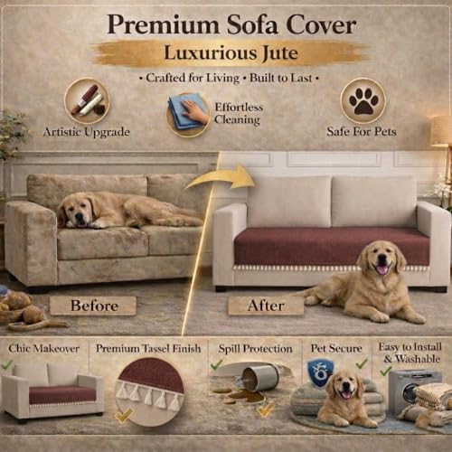 Image of STITCHNEST Jute Sofa Cover - Copper, 24x30 Inch | Soft Textured Fabric with Tassel| Sofa for Living Room Decor