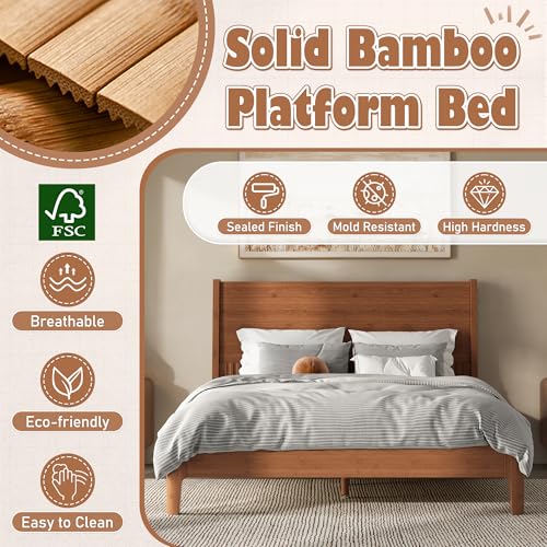 Image of Bellemave Full Size Bamboo Bed Frame with Headboard,Bamboo Platform Bed Frame Full Size with Tall Headboard and Wood Slats,Easy Assembly,Warm Brown