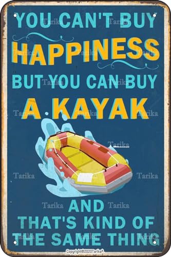 Letrero de estaño vintage con texto en inglés 'You Can't Buy Happiness But You Can Buy A Kayak', 7.8 x 11.8 pulgadas, placa decorativa para el hogar, jardín, garaje, divertida decoración de pared