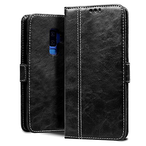 Sinjoro Coque Galaxy S9 Plus, [Carnet Style] Etui Portefeuille en Cuir PU Vintage avec Porte-Cartes et Housse Pliable Couvercle Rabattable de Protection Coque pour Samsung Galaxy S9 Plus (Noir) Cover