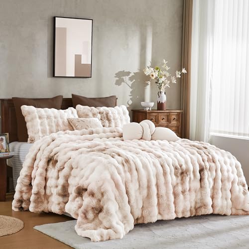 Image of Wonderful - 3 Pieces Faux Rabbit Fur Comforter Set King Size, Beige Tie Dye Plush Bedding Set, 3D Sculpted Bubble Warm Fluffy Comforter for Winter