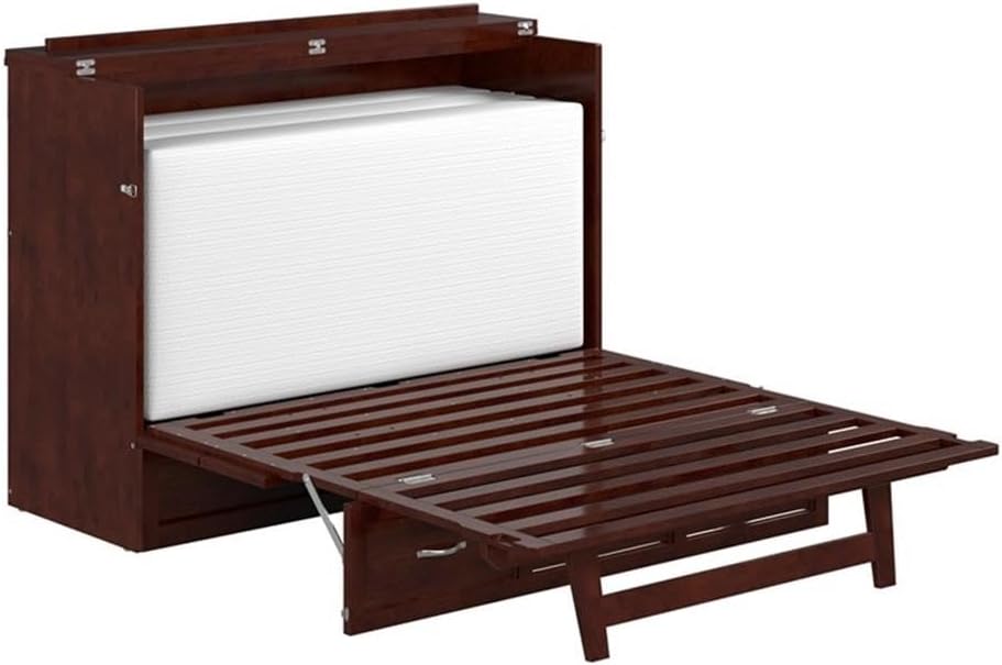 BOWERY HILL Full Solid Wood Murphy Bed Chest, Walnut Finish, Fold-Out Gel Memory Foam Mattress, USB Charging Station, Large Storage Drawer, Modern Space-Saving Design for Bedroom or Guest Room Use