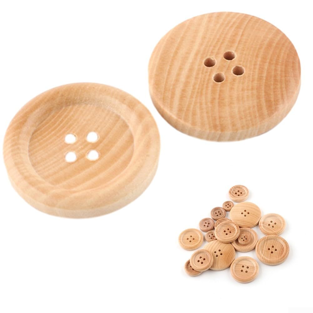 20PCS Wood Buttons, Natural Color, Multi Sizes, 4 Holes, Clothing Accessory (18mm)