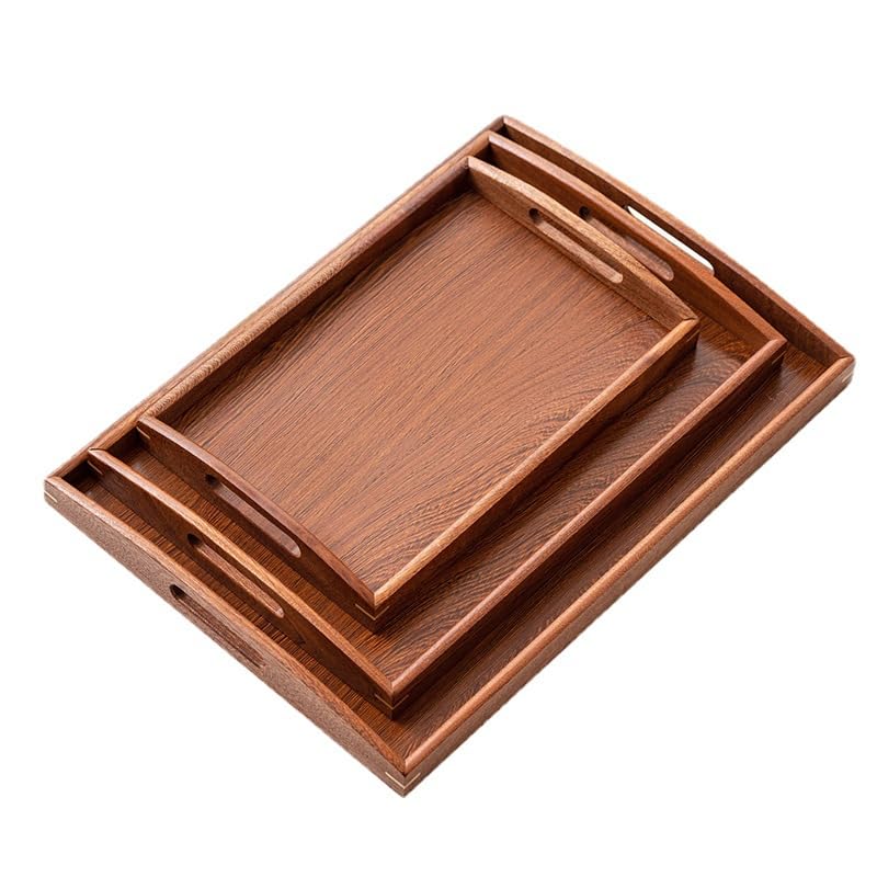Zestaw 3 prostokątnych hebanowych tacek na herbatę, z uchwytami, 46 x 33 x 3,5 cm, eleganckie drewniane foremki do serwowania herbaty, kawy i przekąsek, idealne do domu lub na prezent